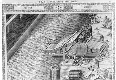 Bridge made in the shape of a boat, illustration from Diverse Imaginary Machines by Agostino Ramelli, published in Paris in 1588 by Agostino Ramelli